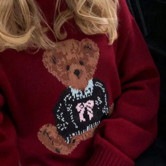 Burgundy Casual Women's Bear Pattern Knit Pullover Sweater - Picture 3 of 5